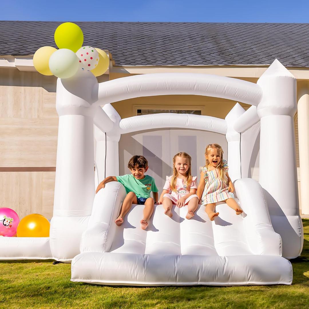 White Bounce House with Slide, Inflatable Bouncy House for Kids 3-12 w/Ball Pit, Outdoor & Indoor, Bounce Area 8'x8', Capacity 400 lb, Medium