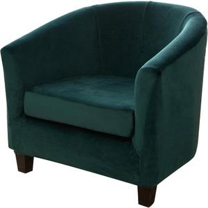 Tub Chair Slipcover 2-Piece Velvet Stretch Barrel Club Chair Covers with Cushion Cover Soft Washable Armchair Sofa Couch Furniture Protector for Living Room Counter Hotel (Emerald Green)