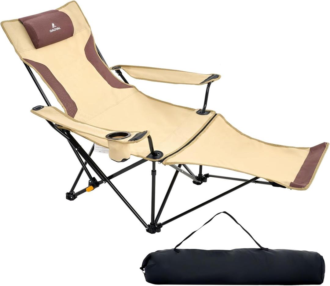 Reclining Camping Chair 4-Position Adjustable, Lightweight Folding Lounge Beach Chair for Adults with Removable Footrest & Headrest, Cup Holder & Storage Pouch for Outdoor(330lbs Capacity), Khaki, 62 inches x 32 inches x 29.5 inches