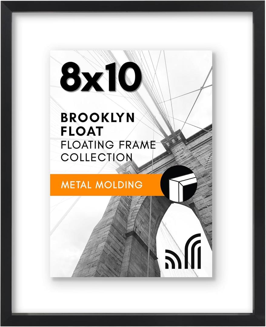Americanflat Aluminum 8x10 Floating Picture Frame with Shatter-Resistant Glass - Use as 5x7 Picture Frame or Display 8x10 Photo - Signature Float Collection - Photo Frames for Wall Display - Black