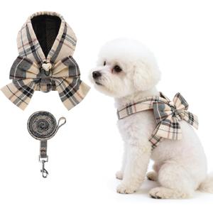 KOOLTAIL Small Dog Harness and Leash Set, Cute Puppy Vest Harnesses with Bowtie, Step in No Pull Soft Mesh Padded Adjustable Plaid Pet Harness for Dogs Cats, Boy Girl,  Beige M