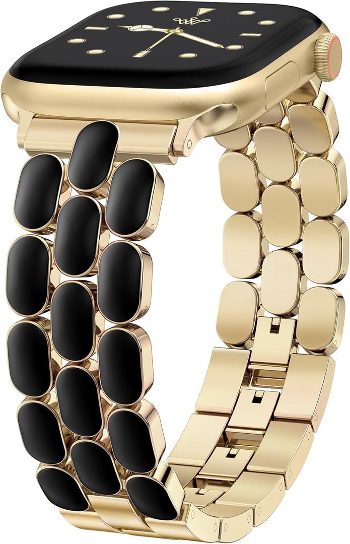 Wearlizer Metal Bracelet Compatible with Apple Watch Bands for Women 41/40/38/42/44/45/46/49mm, Dressy Jewelry Enamel Stainless Steel Strap for iWatch Band Ultra SE Series 10/9/8/7/6/5/4/3/2/1 (Gold/Black)