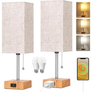 Table Lamp for Bedroom set of 2,3-Color Bedside Lamps with Pull Chain Table Lamps for Nightstand with AC Outlets,Small Night Light Lamps with 2 Bulbs Lamps for Living Room Kids Room Office DecorWood (15inch)