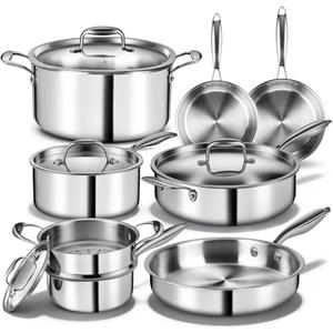 Triple Ply Stainless Steel Pots and Pans Set, EWFEN 12 Piece Induction Cookware Set, Oven Dishwasher Safe | Frying Pans, Saucepans, Saute Pan & Stock Pot, PFOA Free Kitchen Skillet