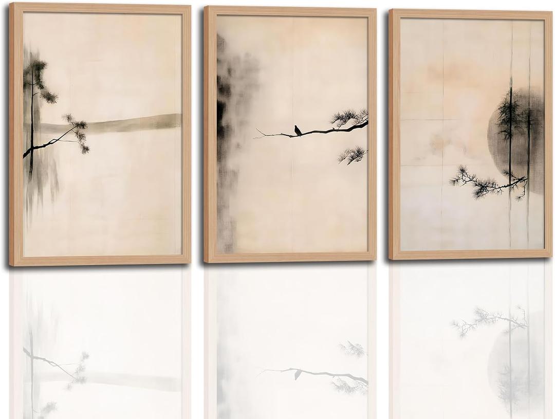 japanese zen wall art set of 3, Scandinavian Pine Tree Canvas Prints | Abstract Ink Landscape Canvas Prints, Neutral Pine Tree and Bird Artwork, for Living Room Bedroom Office 16x24 Inch