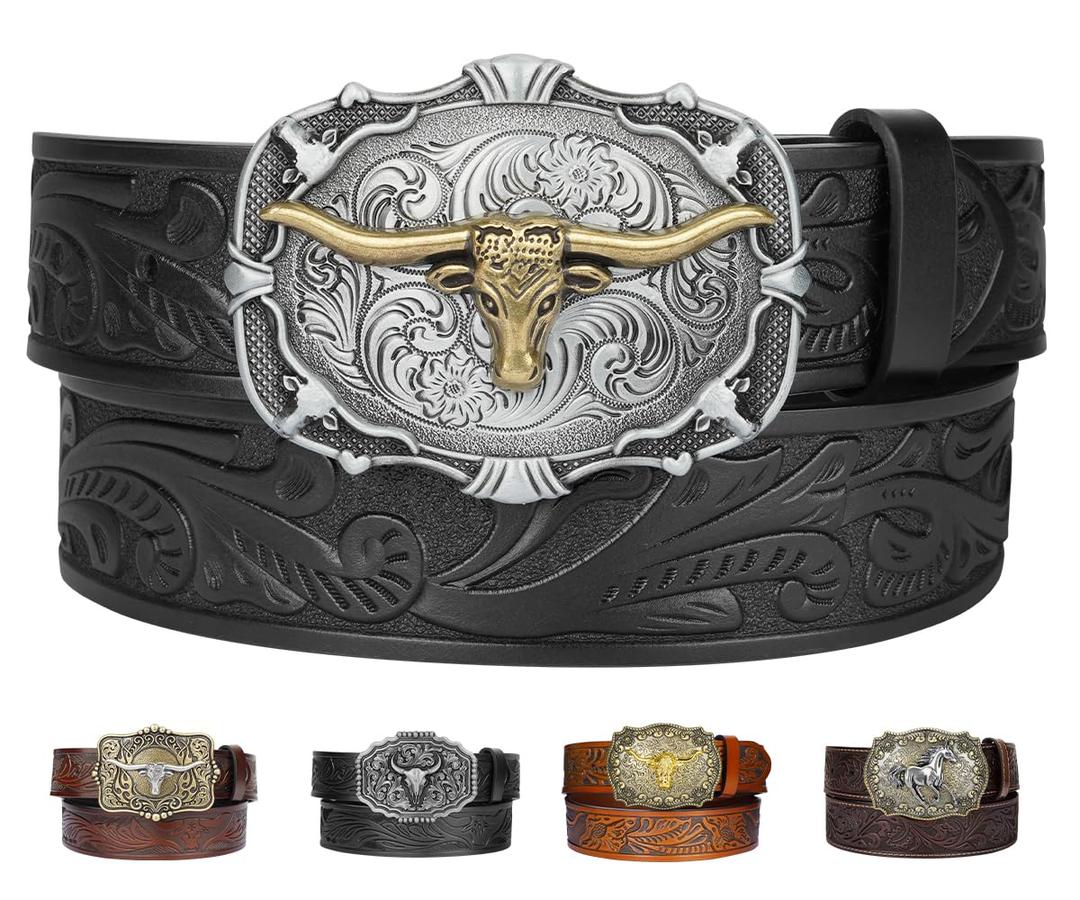 Kicoroiny Western-Style Embossed Leather Belt with Removable Zinc Alloy Bull Buckle for Men Women Unisex Cowboy Cowgirl Country Jeans Casual Pants Skirt 9 Holes 4mm Thick Christmas Birthday Gifts (10 - Black Belt/Bull Buckle(1pack), for 35"-38" waist)