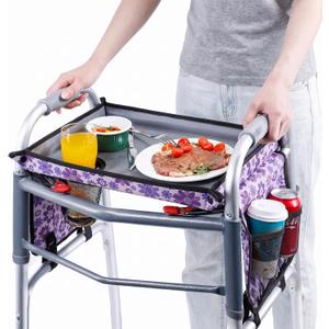 Walker Tray for Folding Walker with Cup Holder, Detachable Tray for Walker, Walker Accessories for Senior with Non-Slip Mat, Universal Fit for Meals, Drinks, Reading,Laptop (Purple with Side Pockets)