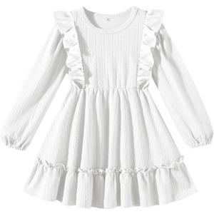 Toddler Baby Girl Dress Girls Sweater Dresses Ruffle Ribbed Knit Long Sleeve Swing Fall Winter Clothes Christmas (White)