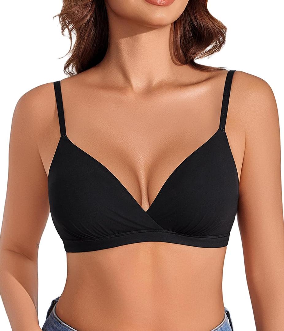 Avidlove Wireless Bras for Women Comfortable Triangle Bras Plunge Unpadded Bra Unlined Soft Smoothing Bralettes, Black, Medium