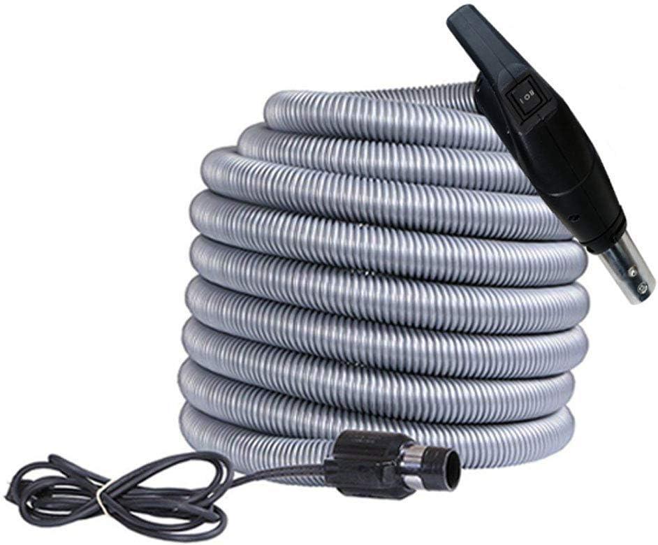 OVO Universal Central Vacuum 40 ft High-Voltage Hose with Pigtail and ON-Off Switch Control at The Handle-Compatible with Most inlets-Crushproof, 40', Black and Grey