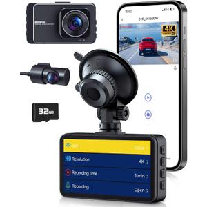PGYIOO! Dash Cam, Dash Cam Front and Rear,4K+2.5K Ultra HD Dash Camera,175+160 Wide Angle, Car Camera, Included 32GB SD Card, Night Vision, 24 Hours Parking Monitor, Built-in Wi-Fi and Apps