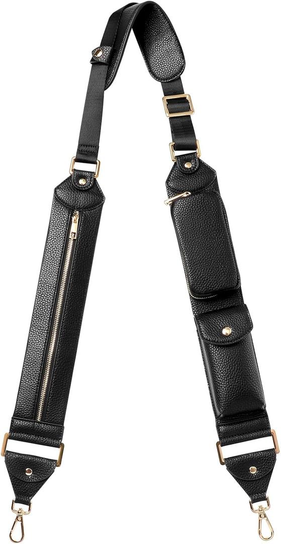 LUCKYCOIN Full Grain Leather Crossbody Strap with Pockets, Adjustable 46"-55" Travel Shoulder Strap, Metal Swivel Hooks, Minimalist Hands-Free Replacement for Purses - Pebble Black