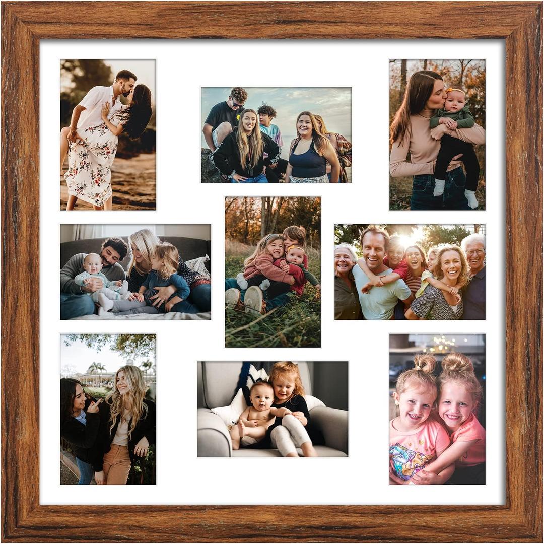 17x17 Picture Frame Display 9 opening 4X6 Picture Frame Collage,Multi Photo Frame with Mat,Plexiglass,Wall Mount Decor,Carbonized Brown Wood Grain