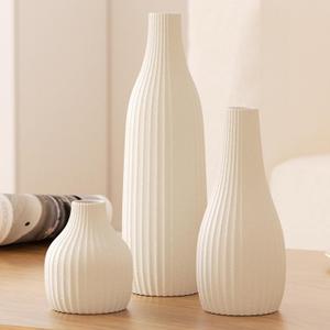 Decorative Flower Vase Set of 3 - Modern Boho Style White Vases, Ribbed Textures Ceramic Vase for Home Decor Shelf Bookshelf Mantle TV Stand Entryway Console, Dining Table Centerpiece Decor