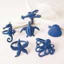 Coastal Theme Sea Creatures Napkin Rings Starfish Sea Shells Metal Napkin Rings Set of 6 for Dinner Party, Summer, Wedding, Beach Table Decor, Family Gatherings, or Everyday Use (6, Blue)