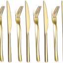 Gold Steak Knives Set 12 Piece, Premium Stainless Steel 6 Dinner Forks and 6 Dinner Knives Set, Steak Knives Steak Forks for 6 Person, Dishwasher Safe (Shiny Gold)