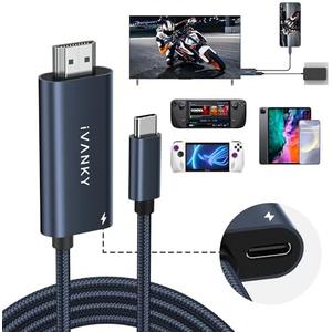 IVANKY 2-in-1 USB C to HDMI 100W 6.6ft Charging Cable Dock for Mobile Phone/Steam Deck OLED/ROG Ally X/iPad, 4K@60Hz Nylon Braided Portable TV Adapter Connector for TV Screen Extend, Midnight Blue