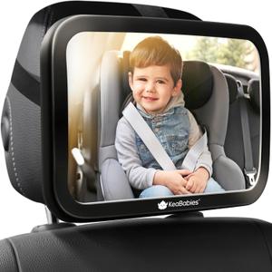 KeaBabies Shatterproof Baby Car Mirror, Backseat - Large Safety Car Seat Mirror for Baby Rear Facing, 360 Crystal Clear View, Accessories for Removable Headrest, Easy Install & Adjust (Sleek Black) (Large 11.5 x 7.5")