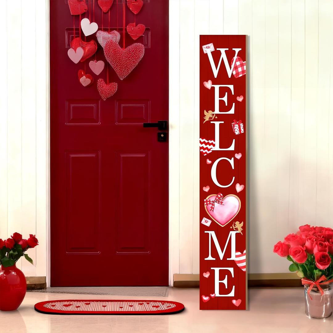 Valentine's Day Welcome Porch Sign, Pink Love Heart Sign for Front Porch, Valentine Angel Wooden Sign Yard, Vertical Wood Sign Standing for Patio Front Door Porch, Love Letter Spring Holiday Home Party Entryway Yard Wall Decor Indoor Outdoor, 47x8 inch