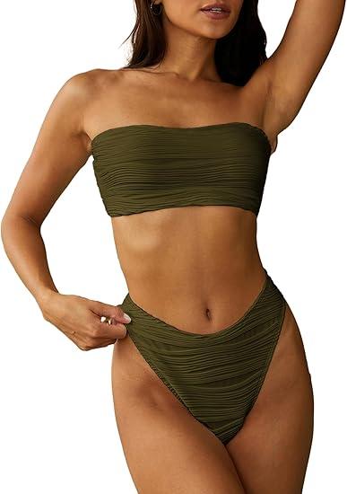 ZAFUL Women Strapless Textured Bandeau Bikini 2 Piece Swimwear Cheeky Solid Lace up Bathing Suits Small