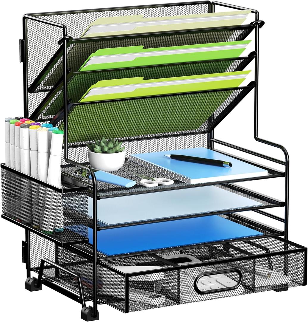 4-Tier Paper Organizer + 3-Pocket File Holder + Drawer + Pen Holders, Desktop File Organizers Paper Tray for Office Accessories School Classroom Organization (Black) 4-Tier Paper Organizer + 3-Pocket File Holder + Drawer + Pen Holders, Desktop File Organizers Paper Tray for Office Accessories School Classroom Organization (Black)