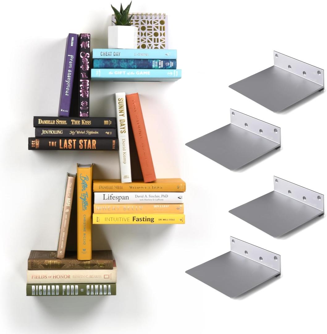 Floating Invisible Bookshelf Wall Mounted (Set of 4) - Aluminum - Turn Books into Floating Shelves