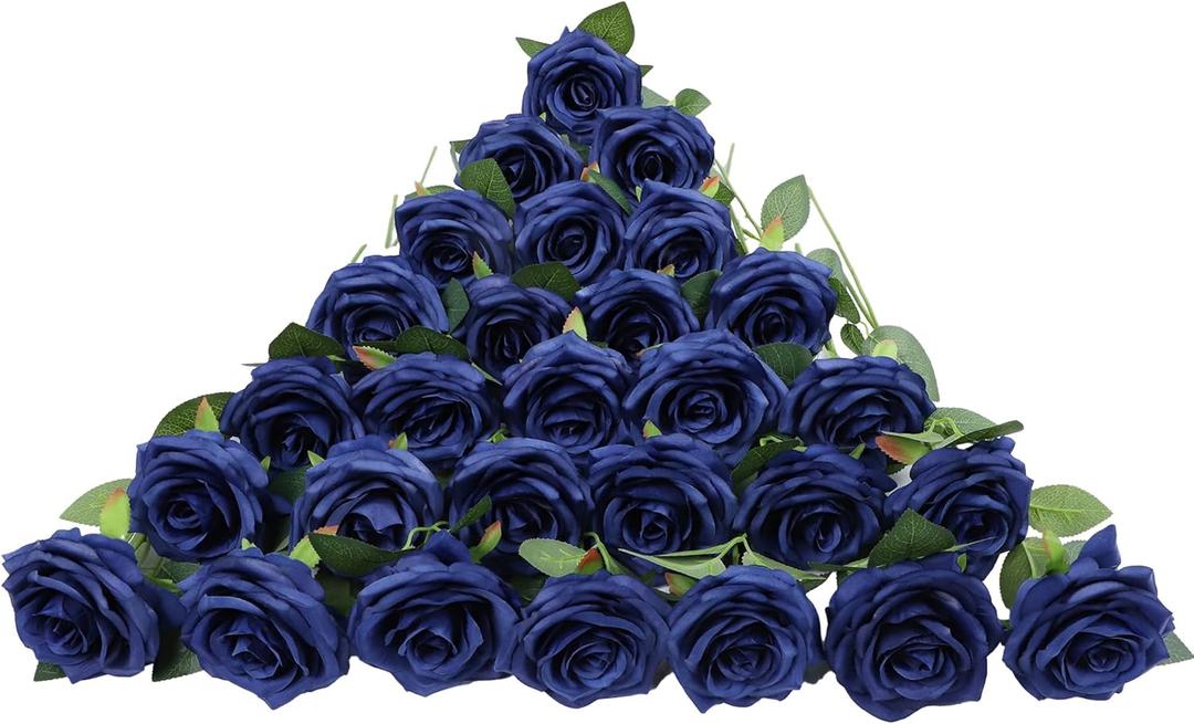 LVEFIT Artificial Rose Flower Navy Blue Flowers Navy Blue Roses Silk Flowers 30 pcs with Long Stem Silk Roses Bouquet for Wedding Bridal Shower Party Home Decoration
