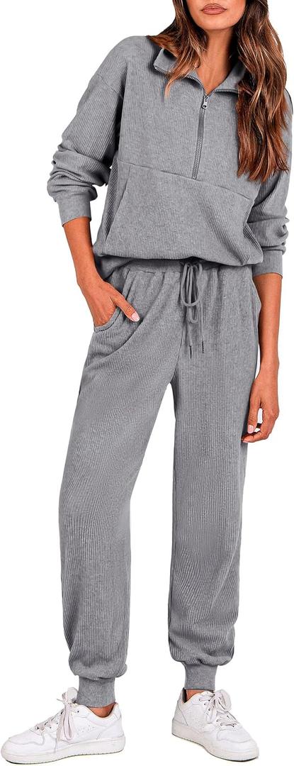 PRETTYGARDEN Womens 2 Piece Sweatsuits Set Long Sleeve Half Zip Pullover Sweatshirt Joggers Sweatpants Fall Outfits Tracksuit (X-Large, Grey)