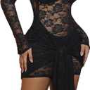 acelyn Womens Sexy Floral Lace Bodycon Mini Dress Long Sleeve Mock Neck Cocktail Party Birthday Club Dress (Black, S)