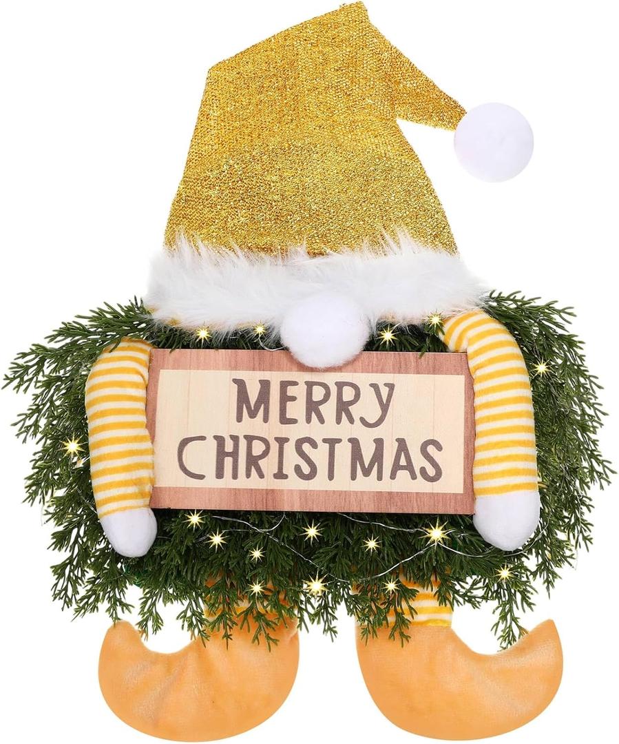 Knitgrip Christmas Lighted Wreath Gnome Xmas Gnome Door Wreath Artificial Santa Xmas Hanging Sign for Door Window Wall Decorations Farmhouse Christmas Home Decor(Gold)