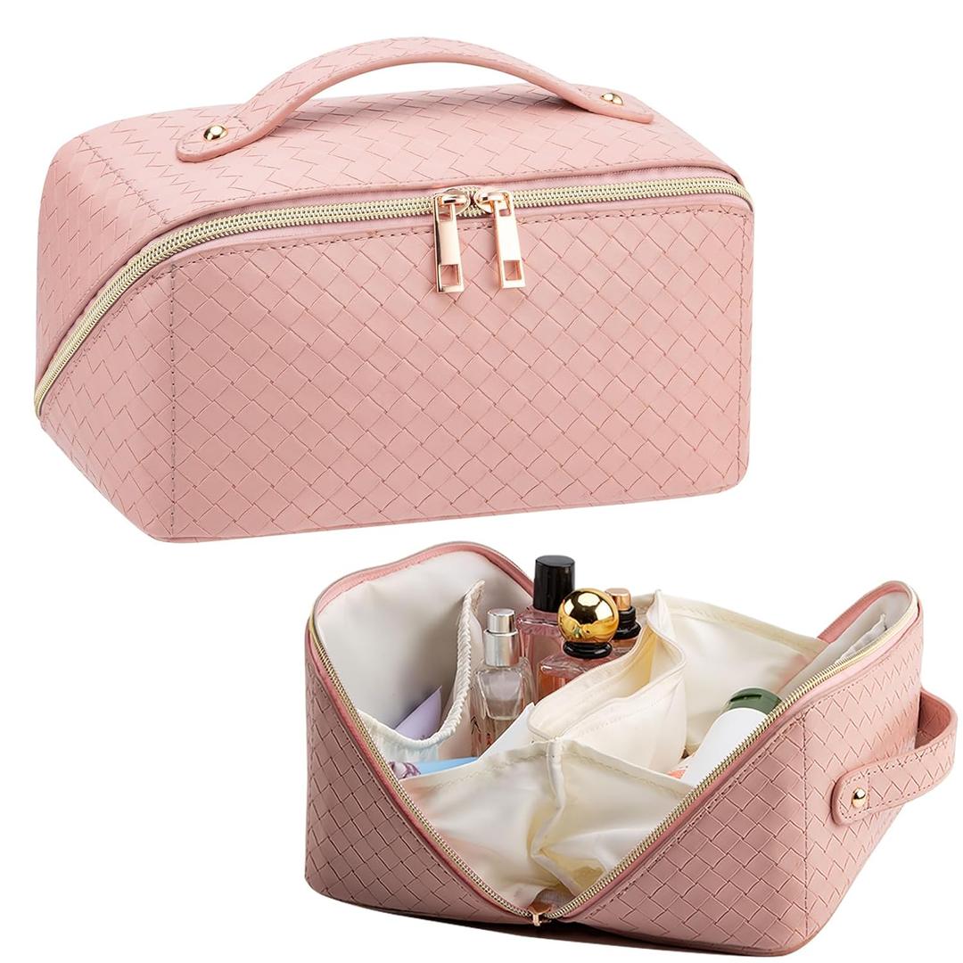 Large Capacity Travel Makeup Bag for Women, Waterproof Portable Cosmetic Bag with Compartments, Foldable Flat Lay Design for Easy Access, Perfect for Toiletries & Beauty Essentials (Pink)