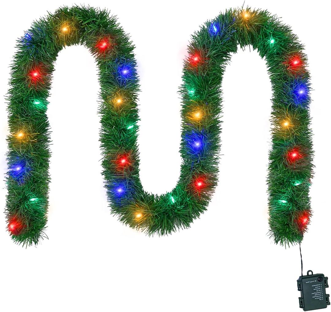 WEMADE 15.4ft Pre-Lit Christmas Garland with Lights  50 LED Lighted Garlands for Christmas Decorations Indoor Outdoor, Battery Operated 8 Modes Memory Timer for Mantel Stair Banister Doorframe Dcor (Multi Color)
