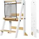 ROOMTEC Foldable Toddler Kitchen Tower, 3 Adjustable Height Wooden Learning Stool, Toddler Standing Tower with Safety Net for Kitchen Bathroom Sink Counter (White)