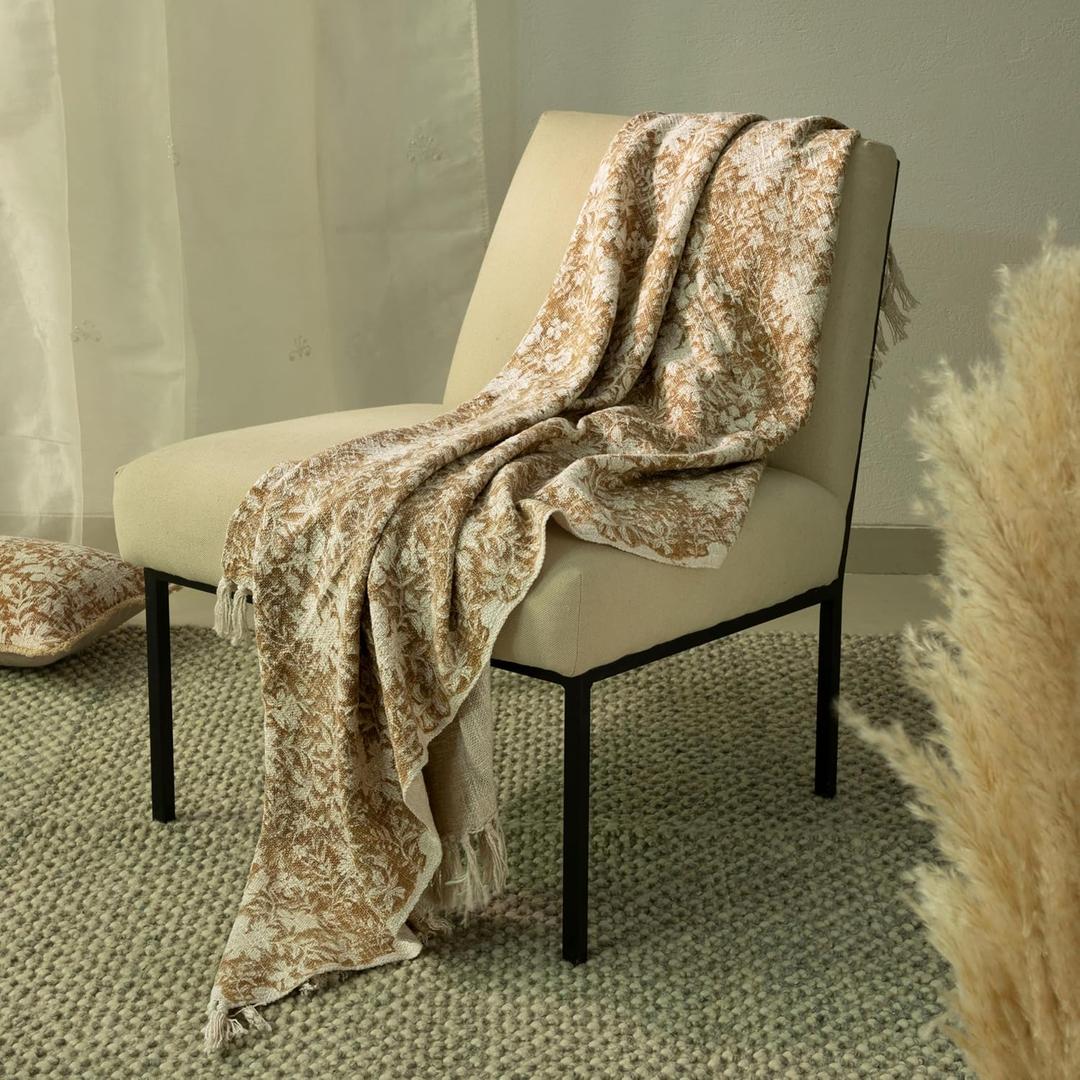 100% Pure Cotton Handblock Printed Throw Blanket, Soft 50" x 60" Fringed Floral Print Throw for Couch, Sofa, Chair, Bed - Cozy, Machine Washable, Comfortable Home Decor (Floral Cider Brown)
