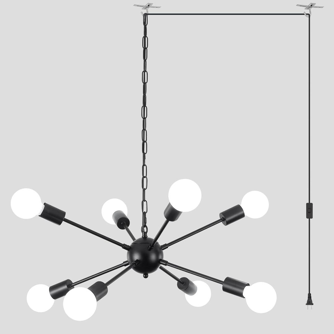 ALISADABOY Plug in Chandelier for Dining Room Black Chandeliers Plug in Sputnik Light with 16.4 Ft Cord 8 Light Hanging Sputnik Chandelier Pendant Lighting for Living Room, Kitchen, Entryway