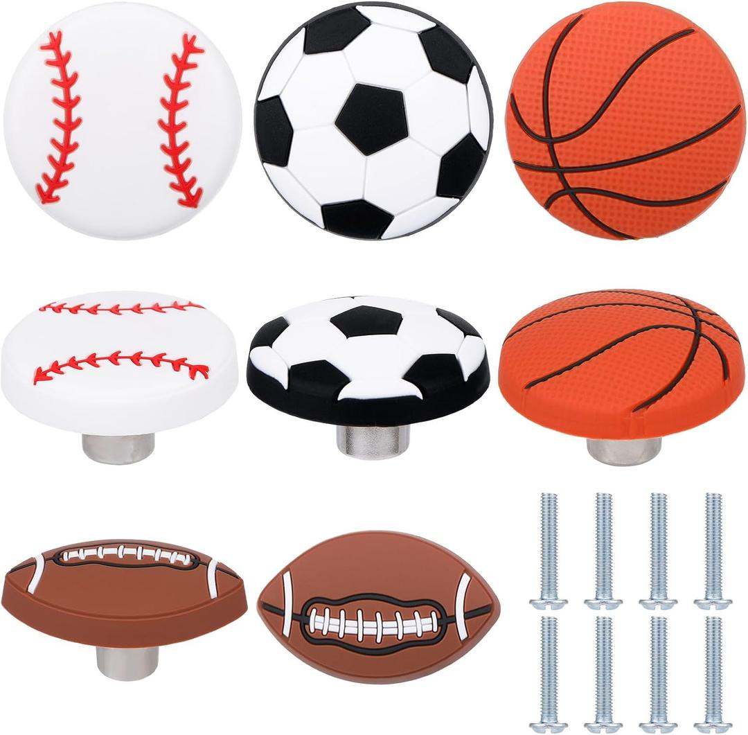 8 Pcs Sports Ball Dresser Knobs for Kids Baseball Basketball Dresser Drawer Knobs for Boys Football Soccer Hardware Drawer Pulls Handles for Cabinet Party Decor (Novel Style)