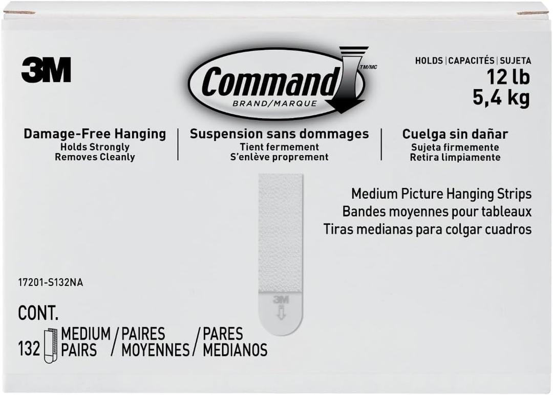 Command 10 lb Medium 132 Pairs Picture Hanging Strips (264 Strips), Damage-Free Hangers for Picture Frames, No Tools Required, Great for Home Room Wall Decor, White Adhesive