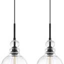 2 Pack 1 Light Hanging Kitchen Island Pendant Light 7.3" Clear Seeded Glass Indoor Pendant Ceiling Light Fixtures,Black Finish Modern Farmhouse Dinning Over Sink