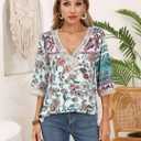 IRISGOD Womens 3/4 Length Sleeve V Neck Tops Dressy Casual Chiffon Blouse Summer Floral Bohemian 2025 Tredny Shirts (L)