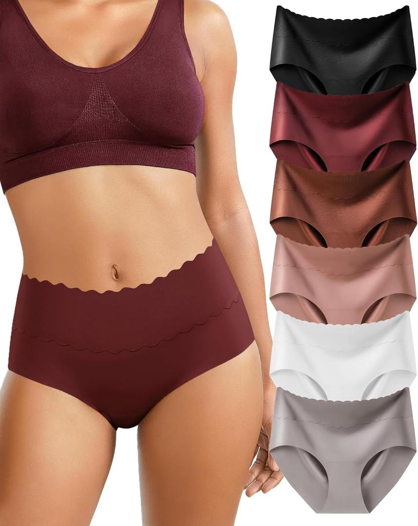 6 Pack Womens Seamless High Mid Waisted Underwear No Show Briefs Full Coverage Ice Silk Soft (Large)