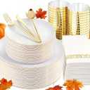 MirthMood 350Pcs White and Gold Dinnerware Set,Plastic plates Includes:50 Dinner Plates, 50 Dessert Plates, 150 Gold Plastic Cutlery,50 Paper Towels & 50 Cups for Party&Wedding