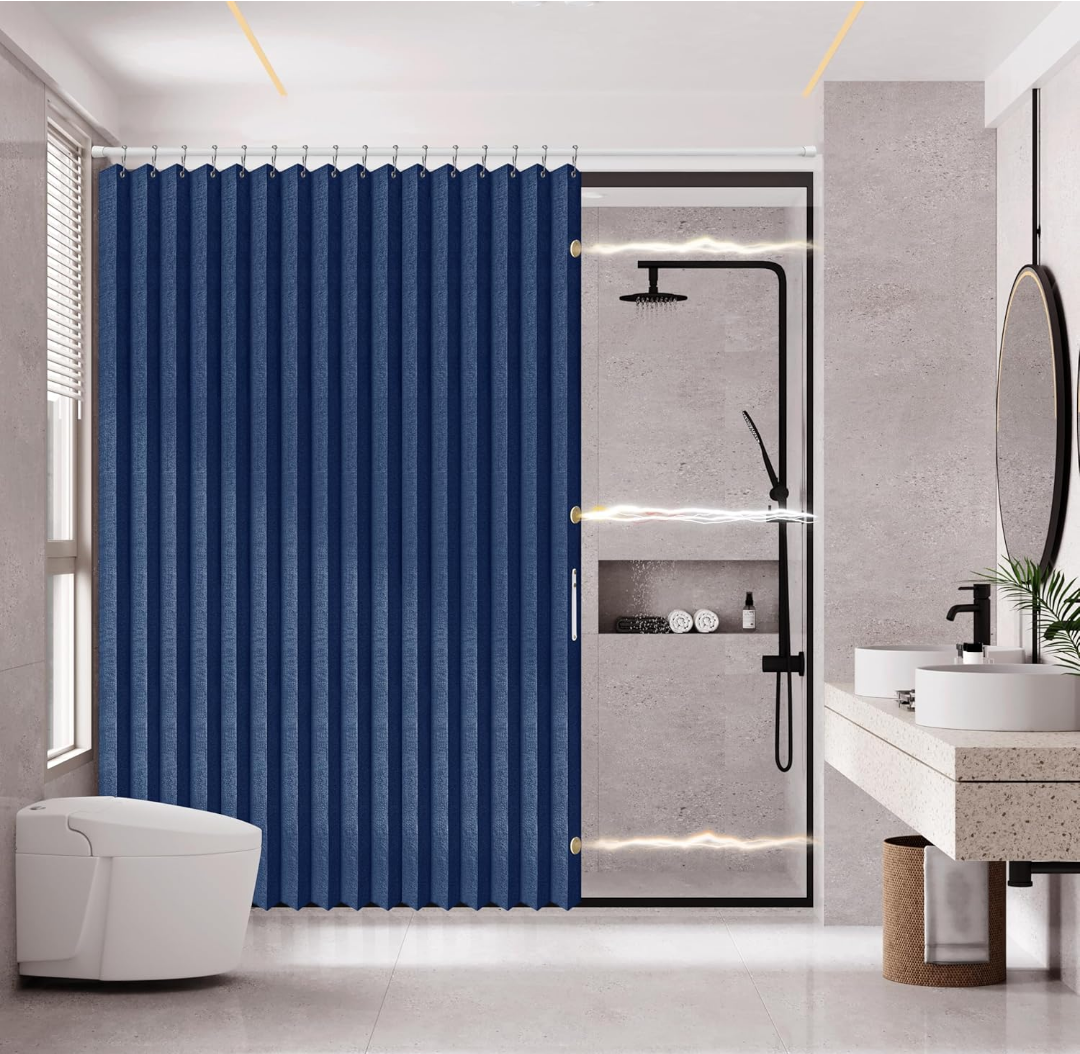 Magnetic Folding Shower Curtains Acordion Shower Curtain Fabric Polyester Waterproof Shower Curtains Suitable for Family Hotel Homestay Bathroom (Dark Blue,50x40 inch )1Pack