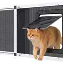 Bug-Proof Screen Cat Door for Window,28.5"-32" Adjustable Width,1-Min Install | Stainless Steel Mesh + Aluminum Frame | Ventilated | Magnetic Closure Sliding Pet Door Window Insert for Cats