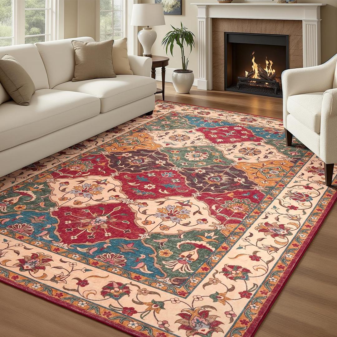 Lessymo Moroccan Washable Area Rugs 5x7, Soft Rugs for Living Room Bedroom, Indoor Non-Slip Large Vintage Carpet for Entryway Home Office, Classic Red and Cream