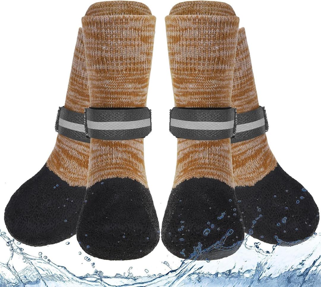 EXPAWLORER Anti Slip Dog Socks to Prevent Licking Paws, Shoes for Winter Snow, Boots & Paw Protectors with Grippers, Waterproof Booties for Hardwood Floors for Dogs Khaki, L
