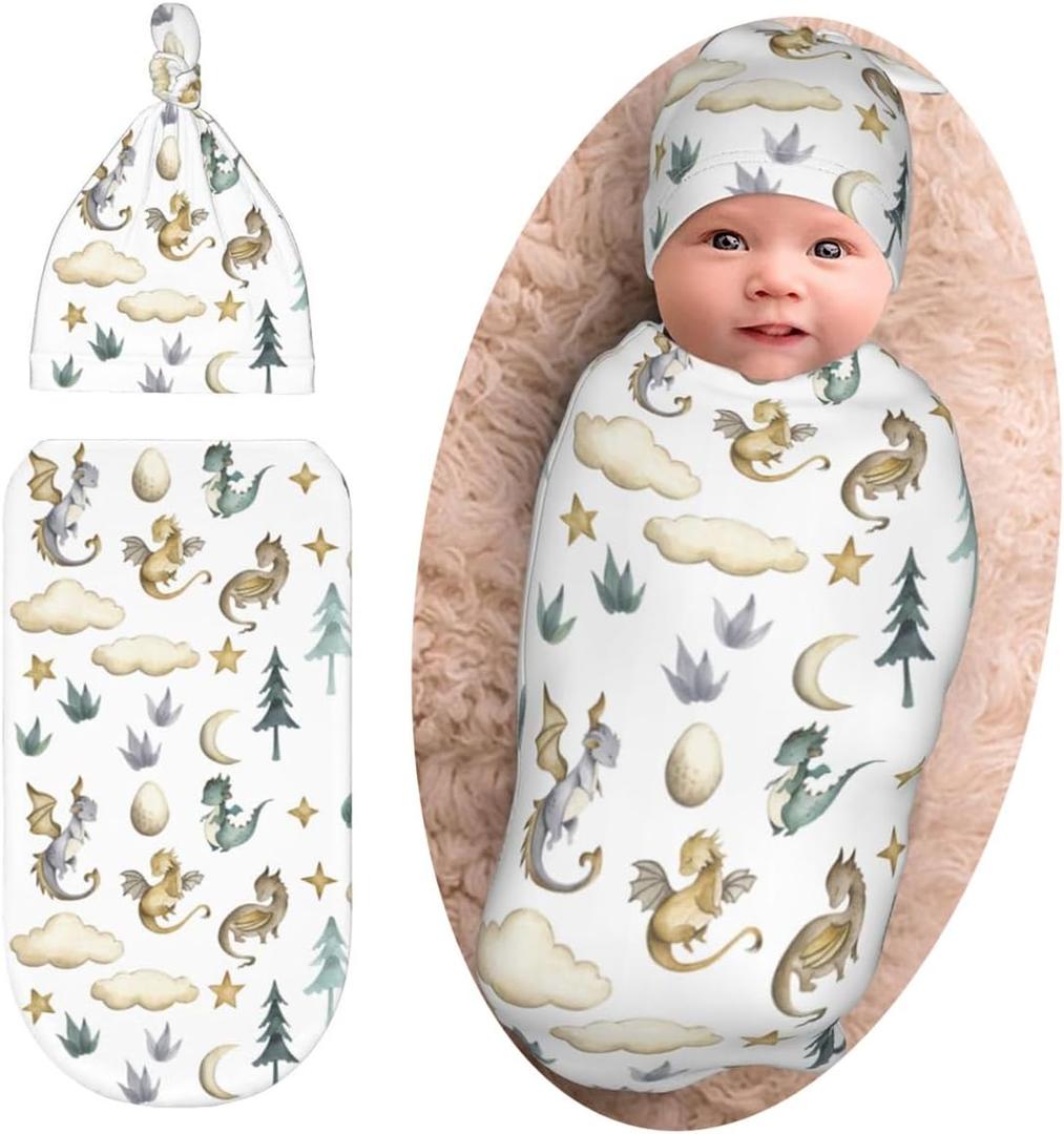 Cute Dragon Print Swaddle Blanket with Beanie Set, Cloud Moon Star Dragons Egg Swaddle Sack Newborn Sleeping Sacks for Girls Boys (One Size)