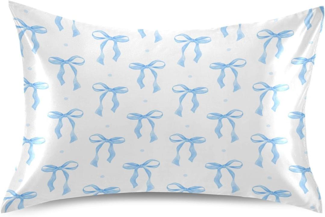 Blueangle Blue Ribbon Bow Satin Pillowcase for Hair and Skin Silk Pillowcase, Standard Size(20x26 inches) - Satin Pillow Covers with Envelope Closure