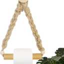Rattan Toilet Paper Holder, Boho Rope Wood Hanging Tissue Rolls Paper Holder Wall Mounted, Rustic and Natural Unique Bathroom Accessories with Self-Adhesive Seamless Screw
