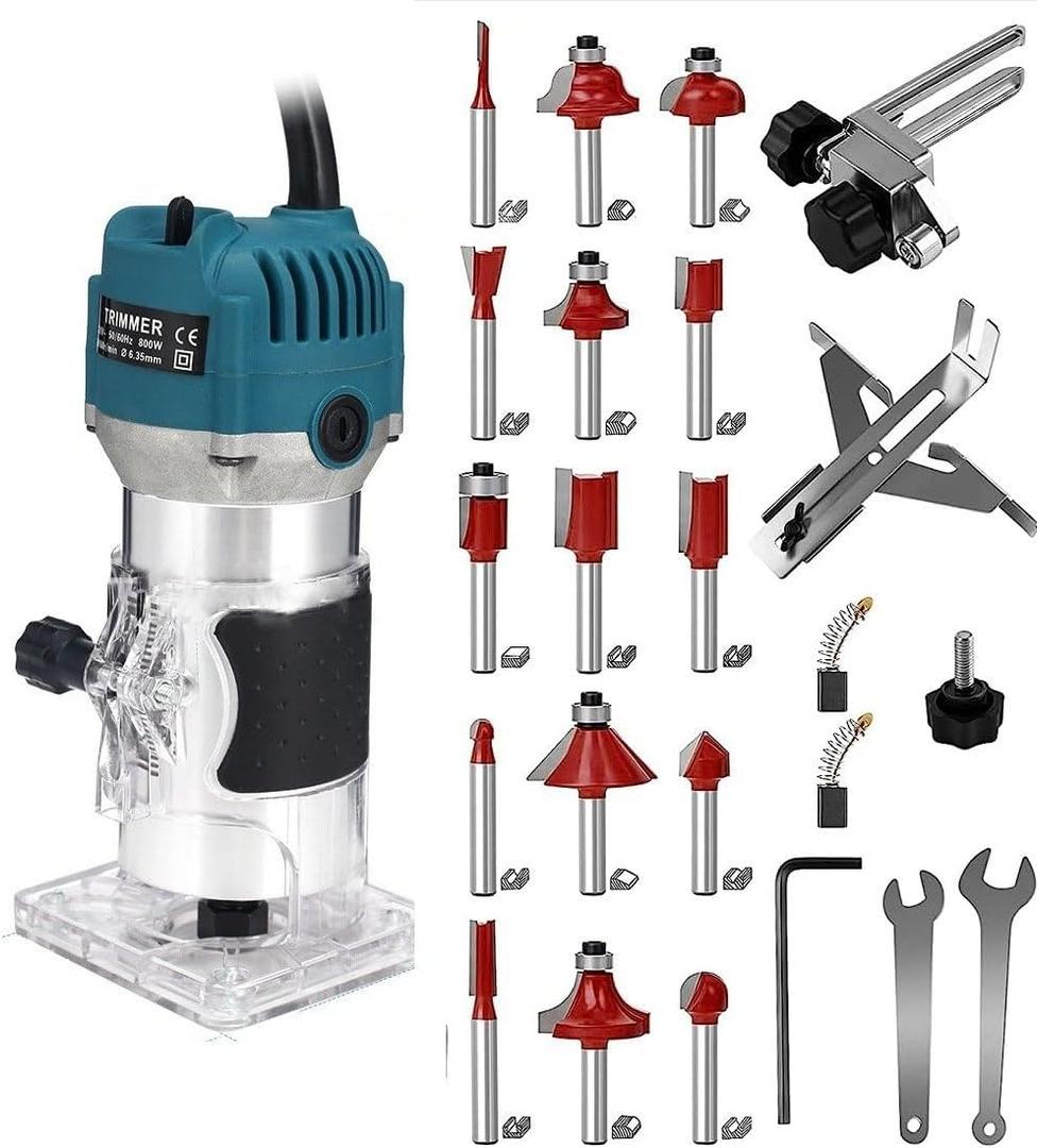 110V Router Tool, 800W Wood Trim Router, 30000RPM Electric Hand Trimmer, Palm Router with 15x 1/4 Router Bits & 2x Trim Guides for Woodworking Tools, Adjustable Base Height w/Scale
