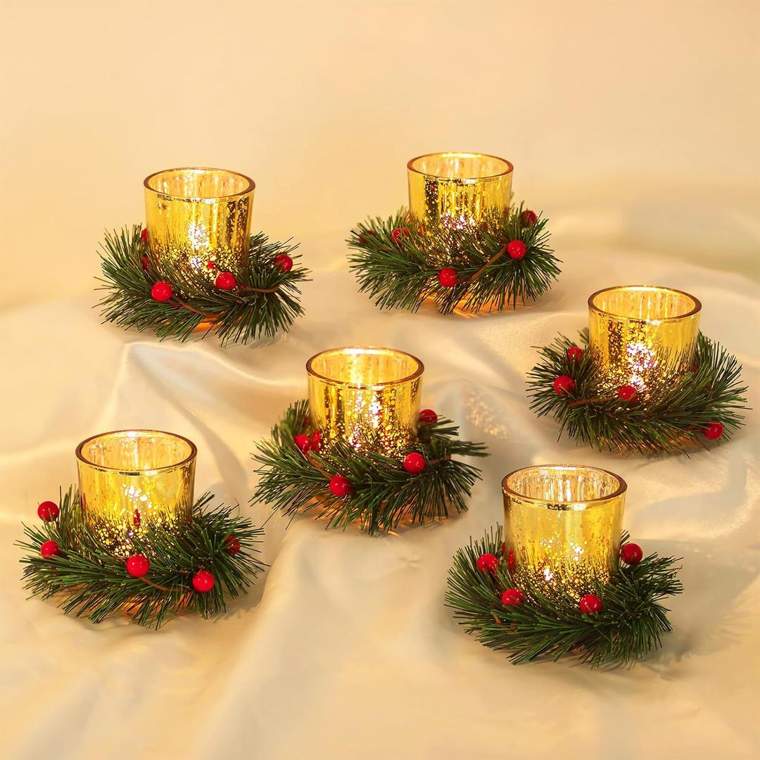 Hewory Christmas Tealight Candle Holder: Set of 6 Decorative Gold Tea Lights Candleholder with Xmas Wreath, Christmas Decoration Votive Candle Holders for Dinner Table Centerpieces Living Room Holiday